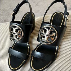 Tory Burch Miller Metal Logo Wedge Sandal, Leather